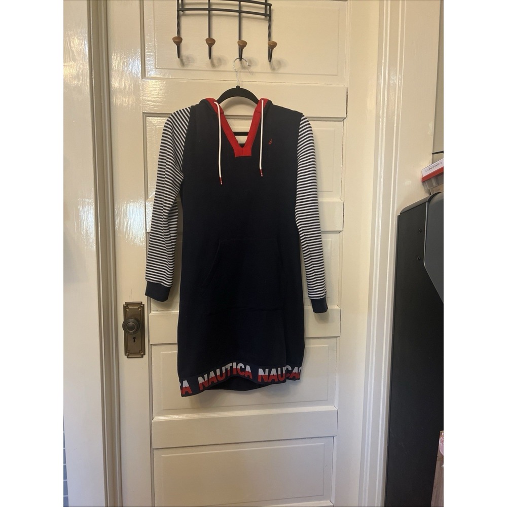 Nautica Colorblock Stripe Hoodie Dress Navy Blue Sz S